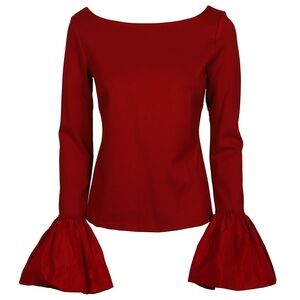 Staud Paige Bateau Neckline Bell Sleeve Long Sleeve Top in Red - XS